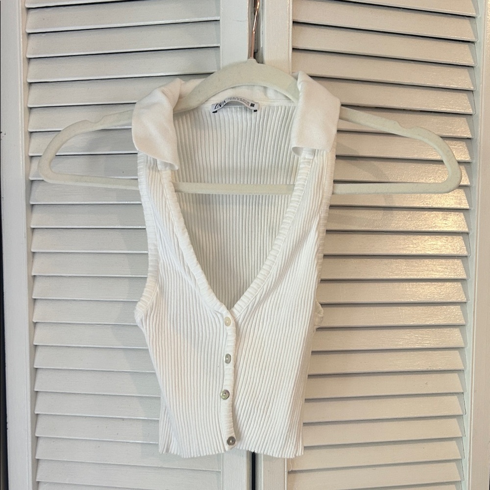 Zara cropped rib collared tank | White